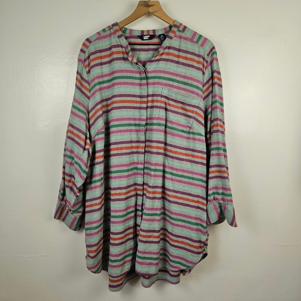 Lands' End‎ Stripe Flannel Tunic Top Women's Sz 3X Grey Purple Button Front
